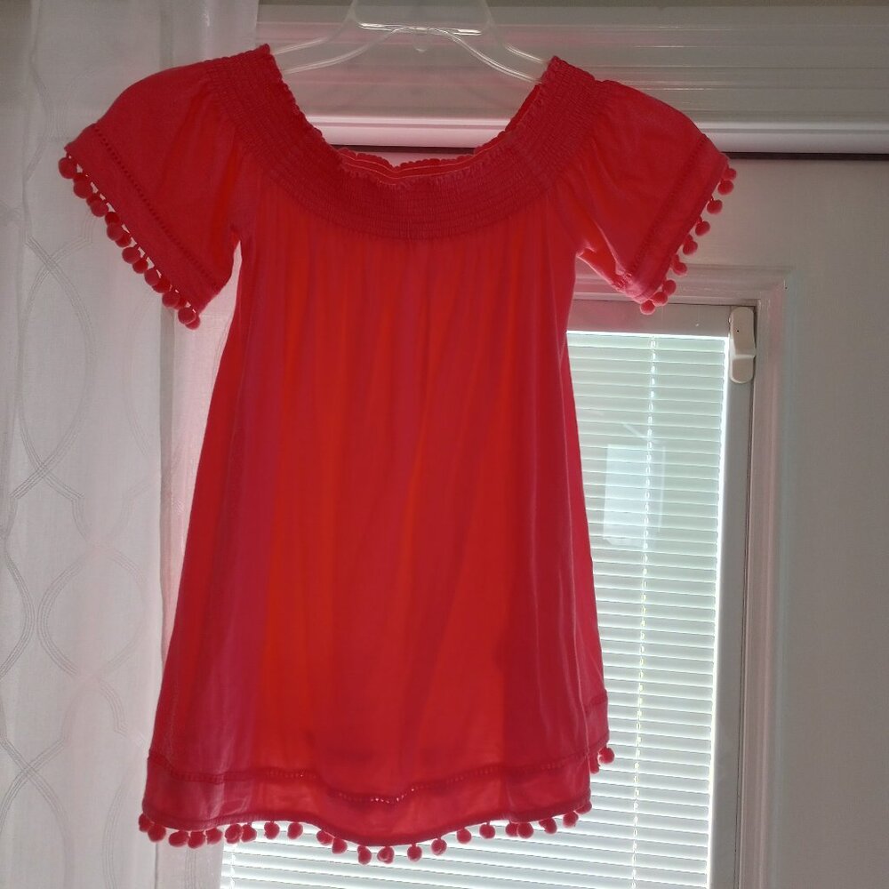 crown & ivy coral pink pom pom trimmed shirt